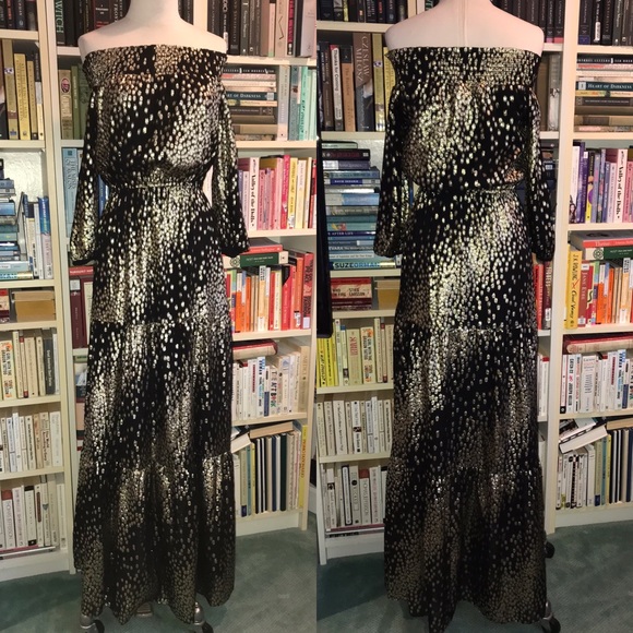 Shoshanna Midnight Collection Black Gold Off Shoulder Maxi Dress - Picture 2 of 11